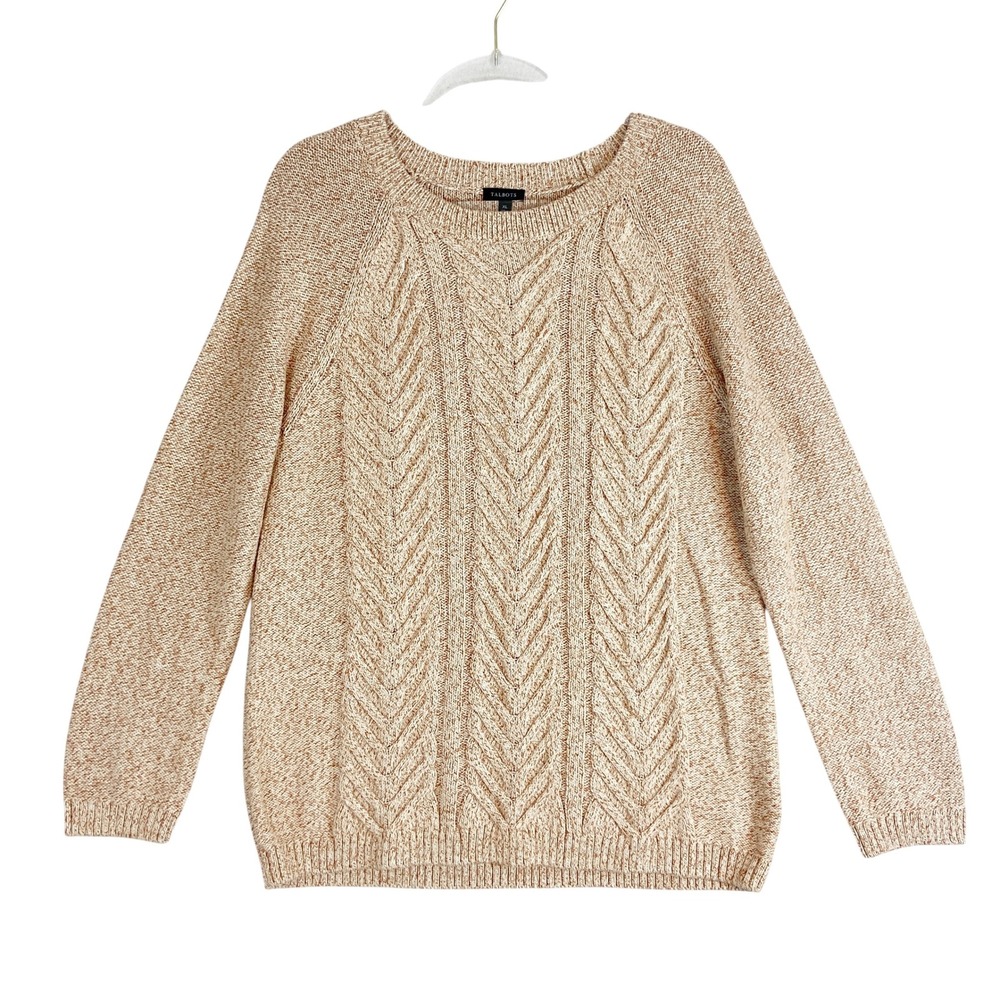 Talbots‎ Womens XL Tan White Marled Cable Knit Cotton Pullover Sweater Fisherman